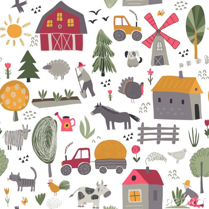 Papier peint à motif  Vector seamless pattern with cute hand drawn farm animals, trees, houses, tractor, mill.