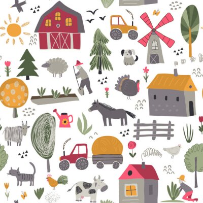 Papier peint à motif  Vector seamless pattern with cute hand drawn farm animals, trees, houses, tractor, mill.