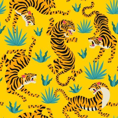 Papier peint à motif  Vector seamless pattern with cute tigers on background. Circus animal show. Fashionable fabric design.