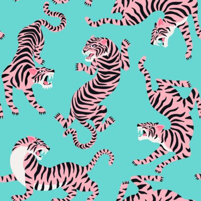 Papier peint à motif  Vector seamless pattern with cute tigers on background. Circus animal show. Fashionable fabric design.