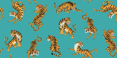 Papier peint à motif  Vector seamless pattern with cute tigers on background. Fashionable fabric design.