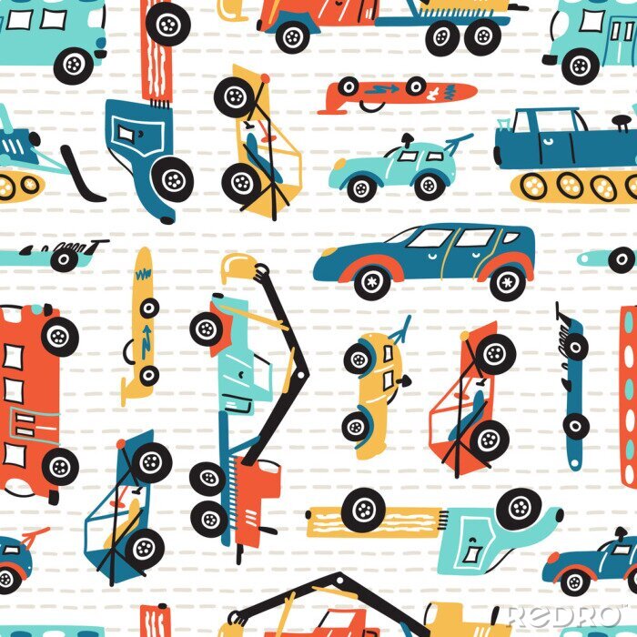 Papier peint à motif  Vector Seamless Pattern with Doodle Toy Racing Cars, Heavy Construction Trucks. Cartoon Transportation Background for Kids. 
