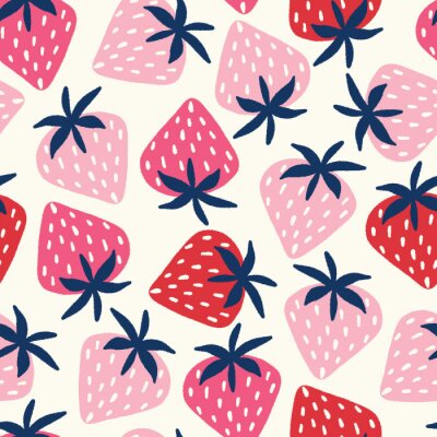 Papier peint à motif  Vector seamless pattern with hand-drawn strawberries in pink and red on an off white background