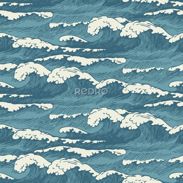 Papier peint à motif  Vector seamless pattern with hand-drawn waves in retro style. Decorative repeating illustration of the sea or ocean, blue storm waves with breakers of seafoam