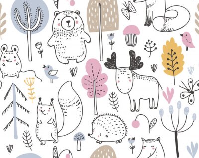 Papier peint à motif  Vector seamless pattern with hand drawn wild forest animals,