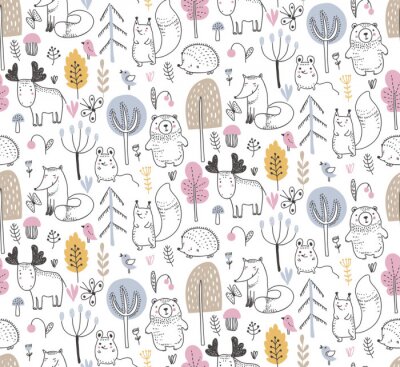 Papier peint à motif  Vector seamless pattern with hand drawn wild forest animals,