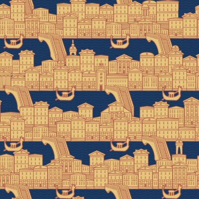 Vector seamless pattern with old hand drawn houses along the canals with bridges and gondolas. Cityscape background in retro style, can be used as wallpaper, wrapping paper, textile, fabric