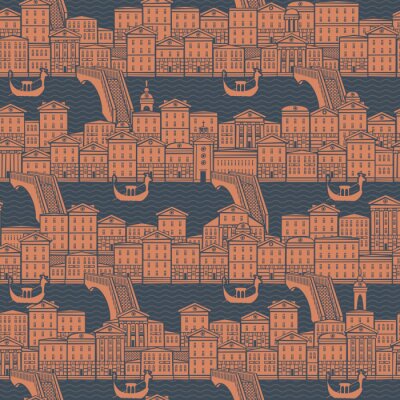 Papier peint à motif  Vector seamless pattern with old hand drawn houses along the canals with bridges and gondolas. Cityscape background in retro style, can be used as wallpaper, wrapping paper, textile, fabric