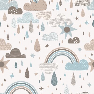 Vector sky seamless pattern with clouds, rain drops, rainbow, sun. Cute doodle decorative scandinavian print for textile, fabric, apparel gender-neutral kid nursery design