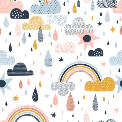 Papier peint à motif  Vector sky seamless pattern with clouds, rain drops, rainbow, sun. Cute doodle decorative scandinavian print for textile, fabric, apparel gender-neutral kid nursery design