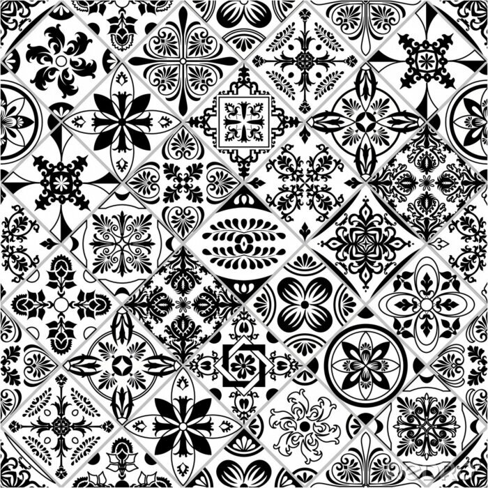 Papier peint à motif  Vector tile pattern, Lisbon floral mosaic, Mediterranean black and white ornament