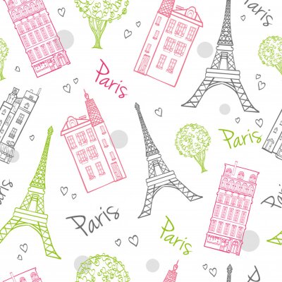 Vector Travel Romantique Paris Streets Seamless Pattern avec Eifel Tower, maisons, arbres et coeurs.