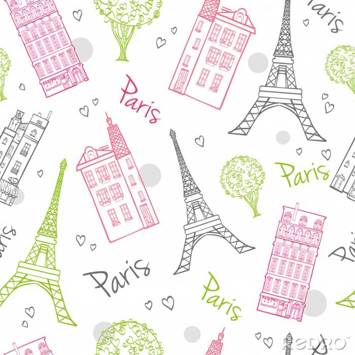 Papier peint à motif  Vector Travel Romantique Paris Streets Seamless Pattern avec Eifel Tower, maisons, arbres et coeurs.