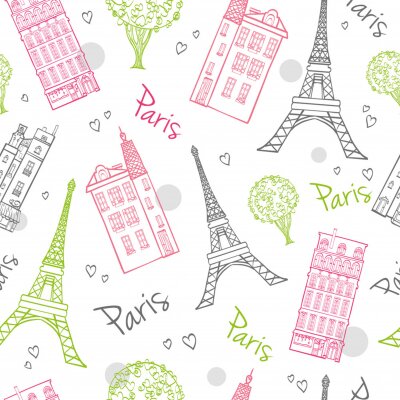 Papier peint à motif  Vector Travel Romantique Paris Streets Seamless Pattern avec Eifel Tower, maisons, arbres et coeurs.