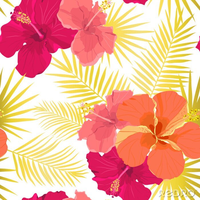 Papier peint à motif  Vector tropical pattern with hibiscus flowers and tropical leaves. Floral background design for cosmetics, spa and textile.