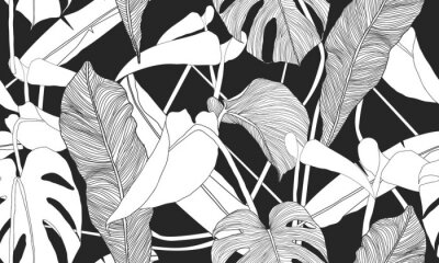 Papier peint à motif  Vector tropical seamless pattern. Exotic plants on black background. Abstract floral seamless pattern. Textile print.