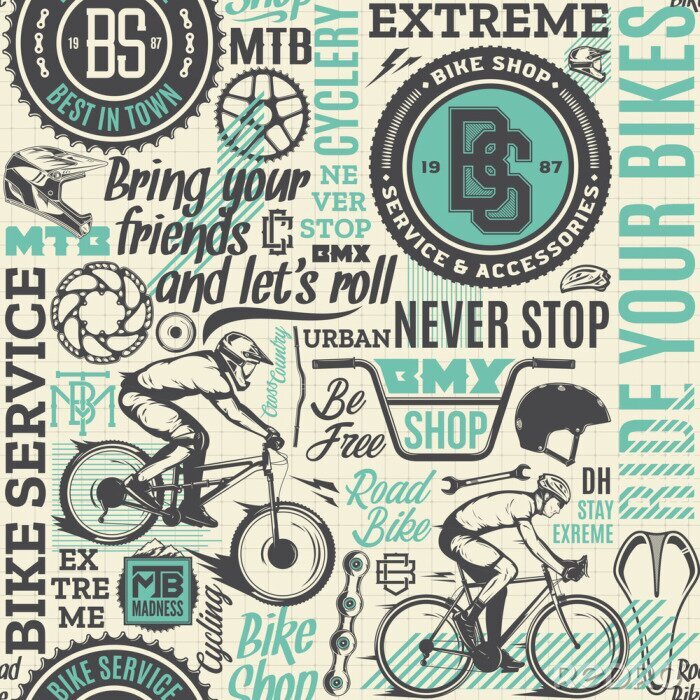 Papier peint à motif  Vector typographic bicycle seamless pattern or background in black, teal and beige colors. Bike shop, service, mountain and road biking icons and design pieces