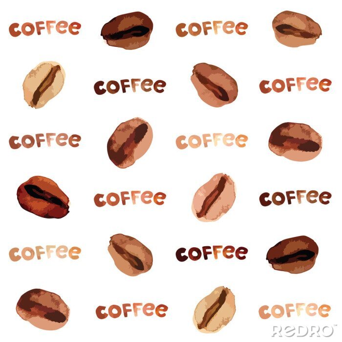 Papier peint à motif  Vector watercolor illustrated and painted brown coffee beans and lettering pattern set