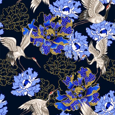 Papier peint à motif  Végétation bleue orientale et grues