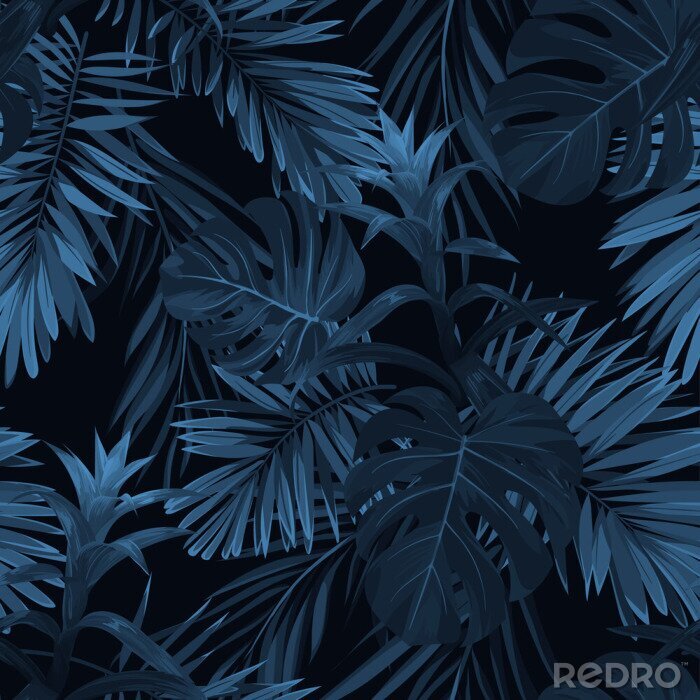 Papier peint à motif  Végétation tropicale bleue sur fond sombre