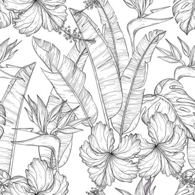 Papier peint à motif  Végétation tropicale monochrome sur fond clair