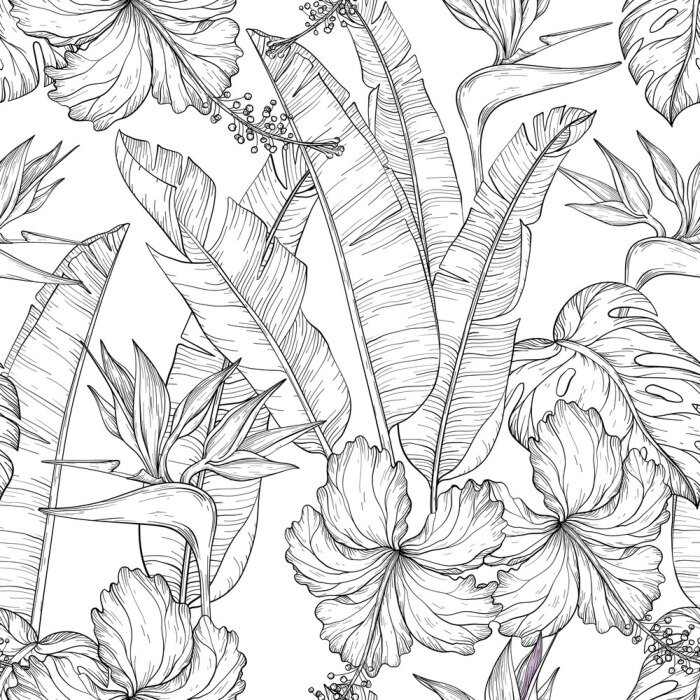 Papier peint à motif  Végétation tropicale monochrome sur fond clair