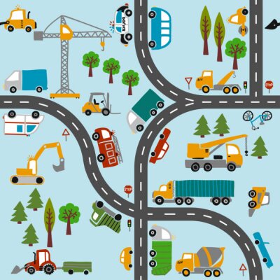 Papier peint à motif  Vehicle pattern design with several machines - funny hand drawn doodle, seamless pattern. Lettering poster or t-shirt textile graphic design. / wallpaper, wrapping paper, background.