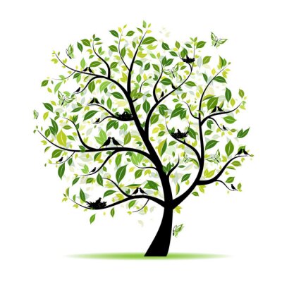 vert arbre de printemps avec des oiseaux pour votre conception
