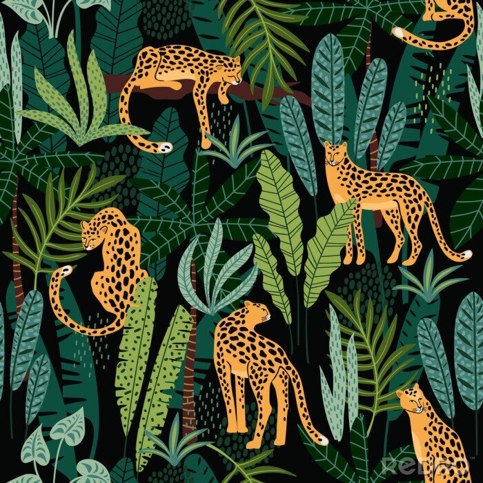 Papier peint à motif  Vestor seamless pattern with leopards and tropical leaves.