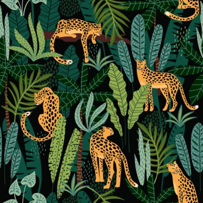 Papier peint à motif  Vestor seamless pattern with leopards and tropical leaves.