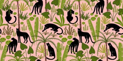 Papier peint à motif  Vestor seamless pattern with panthers and tropical leaves.