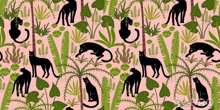 Papier peint à motif  Vestor seamless pattern with panthers and tropical leaves.