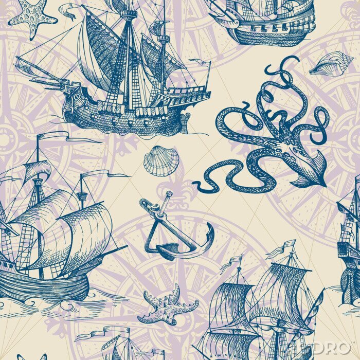 Papier peint à motif  Vieille caravelle, voilier vintage, monstre marin. Vector seamless pattern