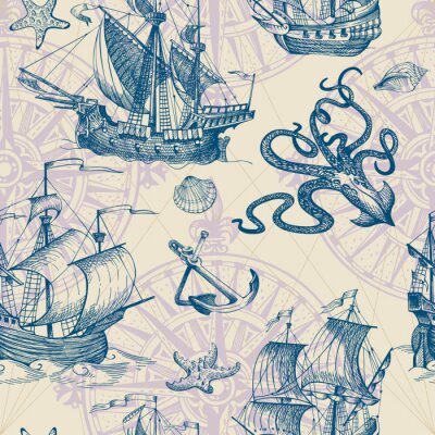 Papier peint à motif  Vieille caravelle, voilier vintage, monstre marin. Vector seamless pattern