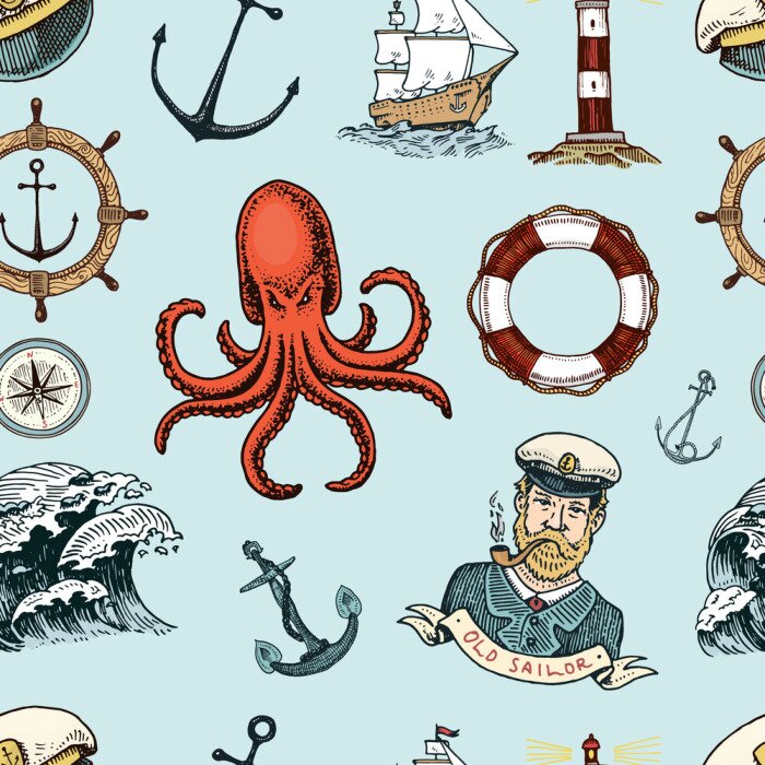 Papier peint à motif  Vieux marin poulpe rouge et ancres