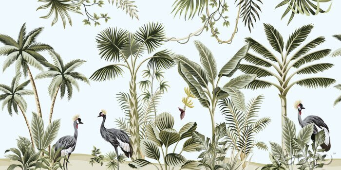 Papier peint à motif  Vieux palmiers et oiseaux