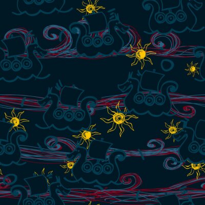 Papier peint à motif  Viking ship pattern seamless hand drawn design