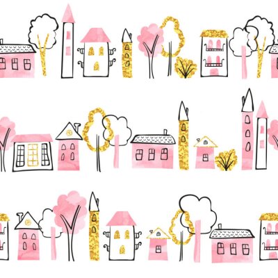 Papier peint à motif  Ville version rose