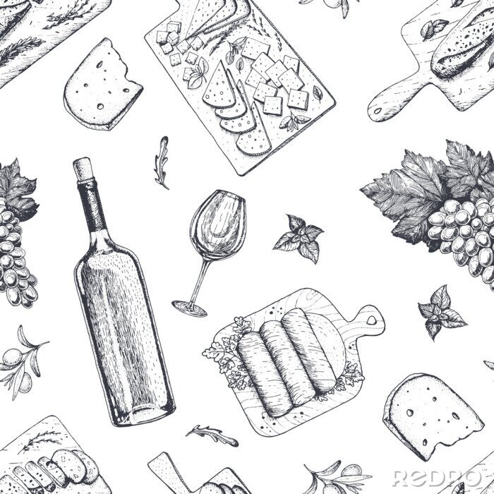 Papier peint à motif  Vin et modèle sans couture de collations gastronomiques. Fromage, viande, pain, raisin dessiné à la main. Modèle de cuisine gastronomique.