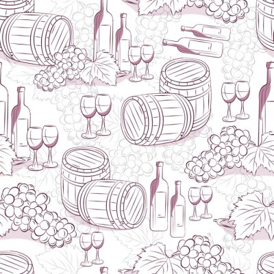 Papier peint à motif  Vin modèle sans soudure. Fond de vin. Vin de fond avec des barils, des grappes de raisins, des bouteilles et des verres.