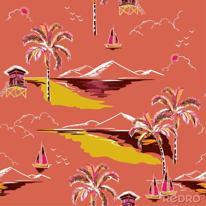 Papier peint à motif  Vintage beau modèle de l'île sans soudure. Paysage avec vecteur de palmiers, plage et océan