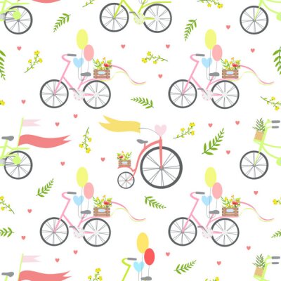 Papier peint à motif  Vintage Bikes with Flowers and Balloons Seamless Pattern Vector Illustration