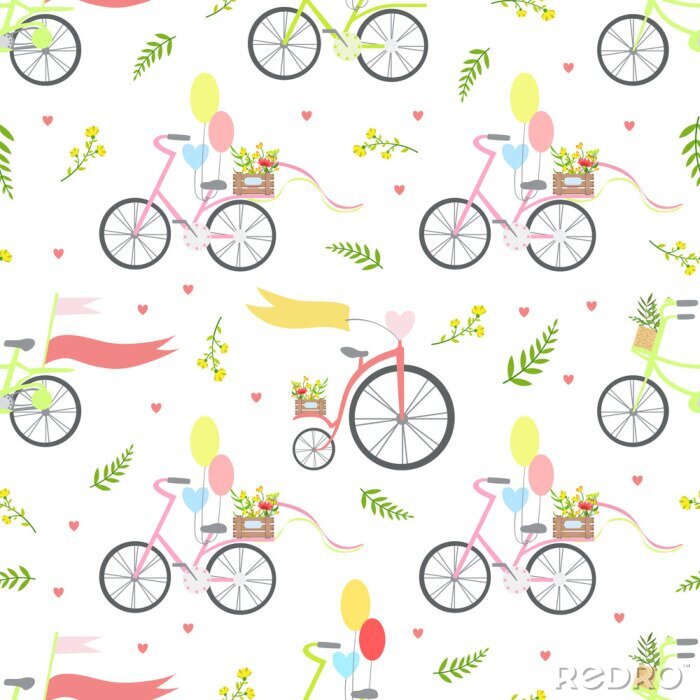 Papier peint à motif  Vintage Bikes with Flowers and Balloons Seamless Pattern Vector Illustration