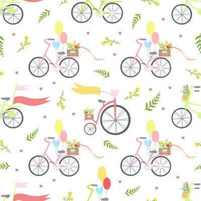 Papier peint à motif  Vintage Bikes with Flowers and Balloons Seamless Pattern Vector Illustration
