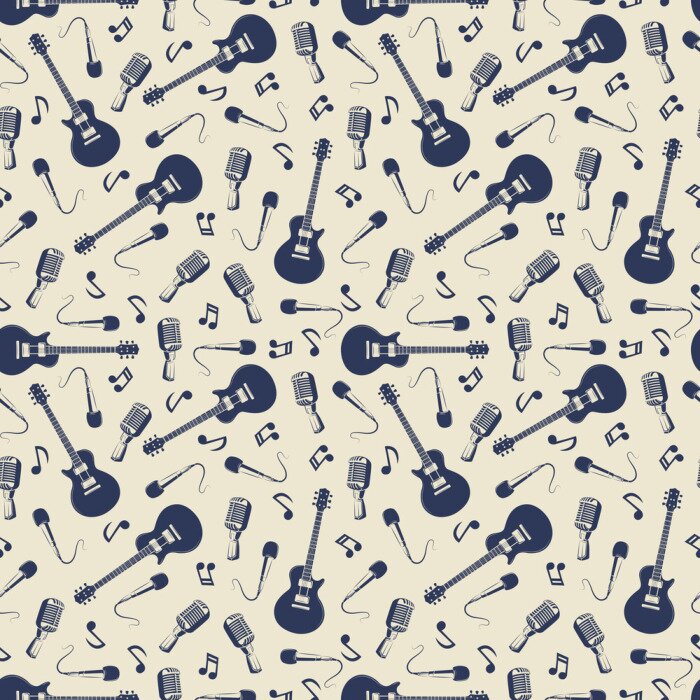 Papier peint à motif  Vintage modèle sans couture musicale avec des guitares, des microphones