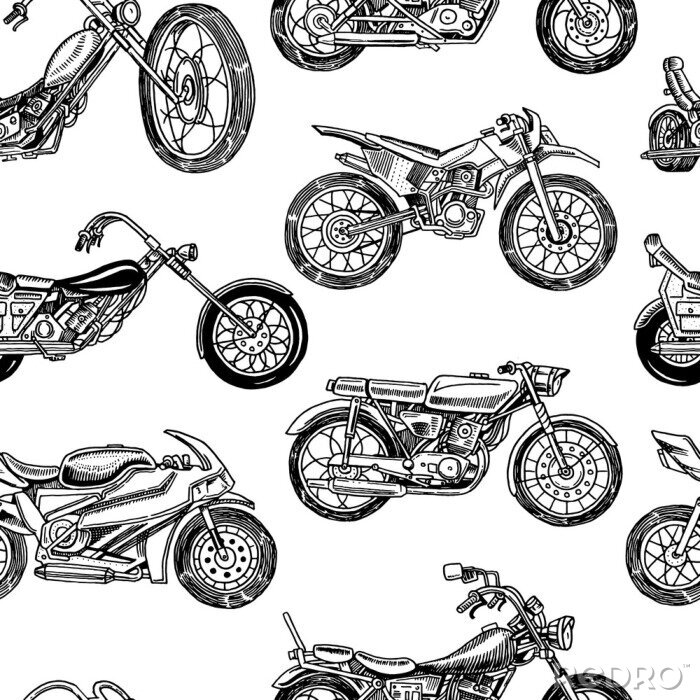 Papier peint à motif  Vintage motorcycles Seamless Pattern. Bicycle Background. Extreme Biker Transport. Retro Old Style. Hand drawn Engraved Monochrome Sketch.