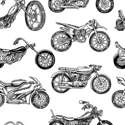 Papier peint à motif  Vintage motorcycles Seamless Pattern. Bicycle Background. Extreme Biker Transport. Retro Old Style. Hand drawn Engraved Monochrome Sketch.