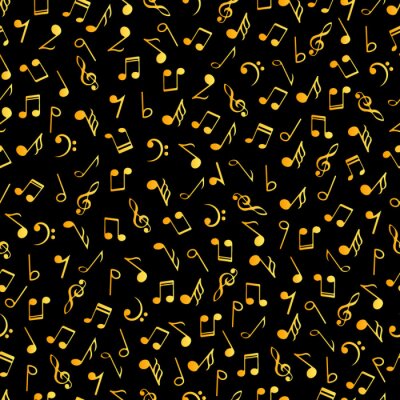 Papier peint à motif  Vintage music decorative notes seamless pattern. Gradient golden colors simbols on black background. Abstract vector texture musical symbols.
