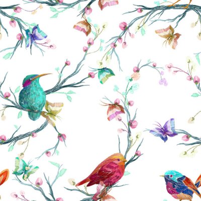 Papier peint à motif  Vintage Seamless pattern: oiseau, papillon et fleur, feuille, branche, isolé sur fond. Imitation de broderie, aquarelle. Illustration vectorielle dessinée à la main, éléments éditables séparés.