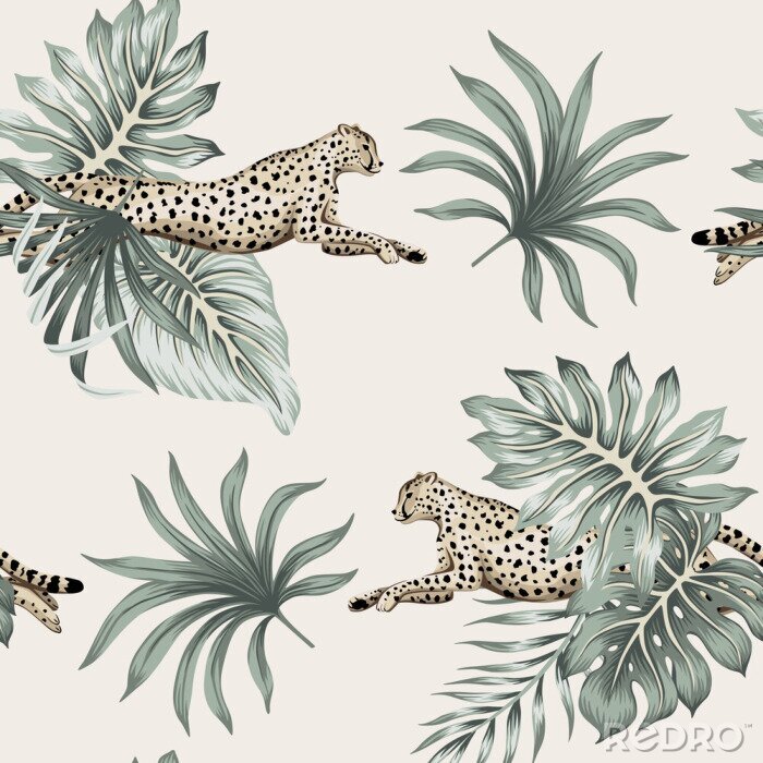 Papier peint à motif  Vintage tropical palm leaves, cheetah running wildlife animal floral seamless pattern ivory background. Exotic jungle wallpaper.
